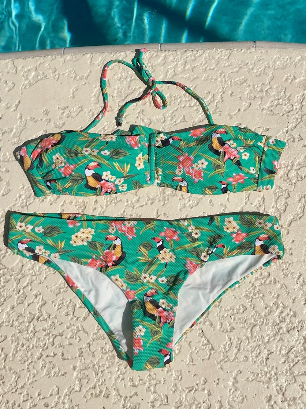 OndadeMar Tropical Toucan Bikini Set S - Green Bandeau Print